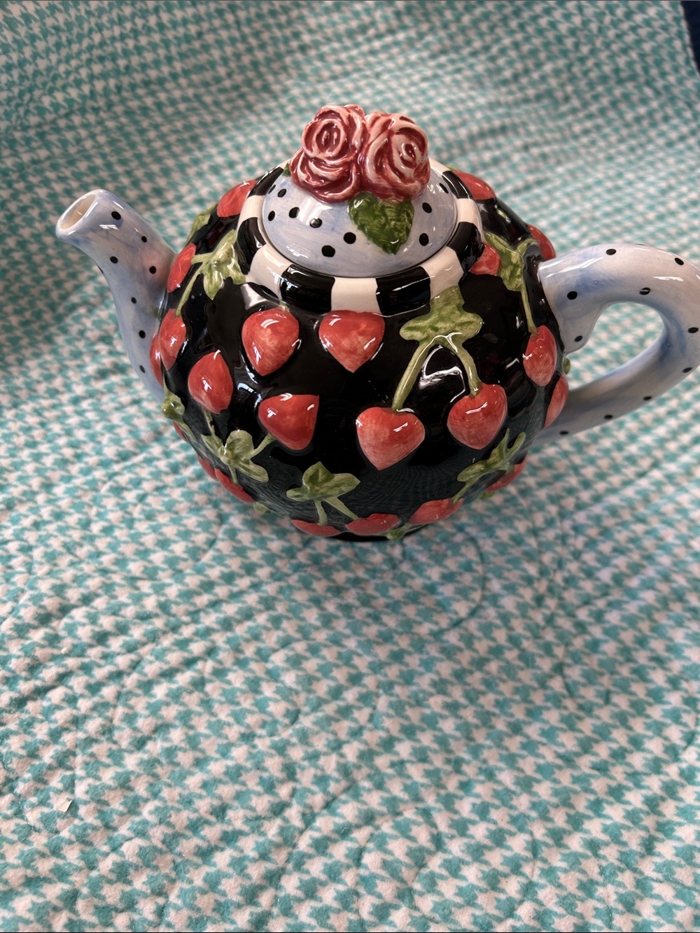 Hand-Painted Cherry Ceramic Teapot - Black and Red